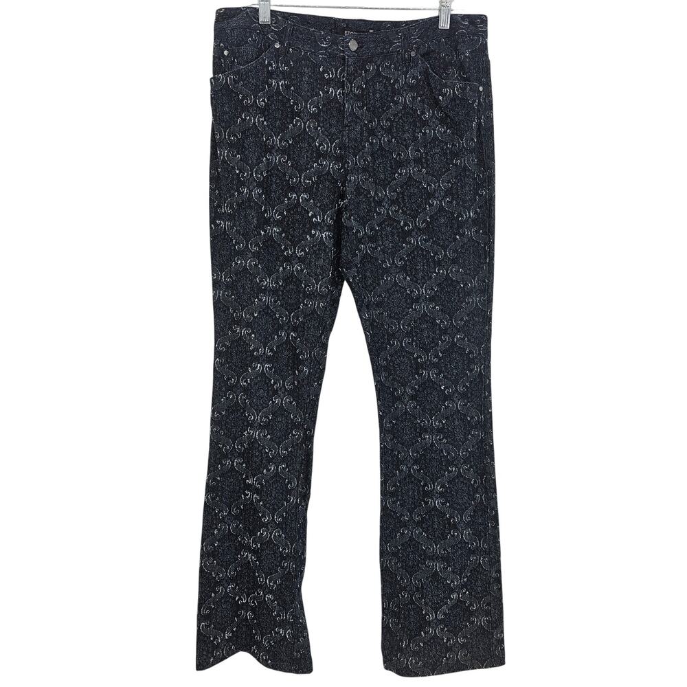 Etcetera Womans size 12 Embossed Jeans Pants Paisley Flare legs 5 Pocket Blue